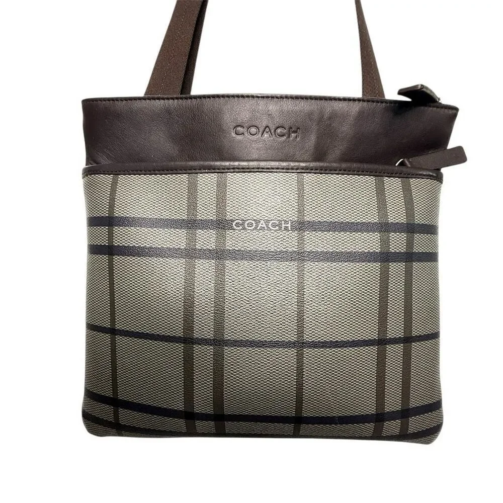 Coach Plaid Trans Atlantic Leather Messenger Bag F70751 Leather Trim, Crossbody,